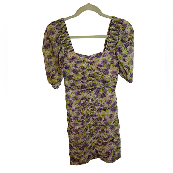 ZARA FLORAL PUFF SLEEVE RUCHED MINI DRESS - Picture 1 of 3